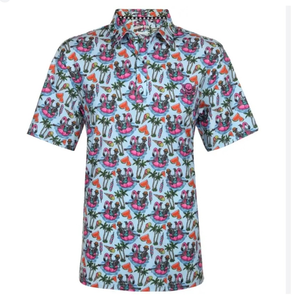 Tattoo Golf‎ Summertime Collection Skeleton Flamingo Mens Polo Shirt L